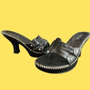 Vtg Y2K Mia Mule Sandals 8.5 Black Leather Thongs Platform Slides Strappy Goth